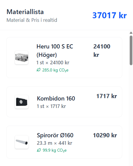 Ventlo materiallista — automatisk BOM från ritning